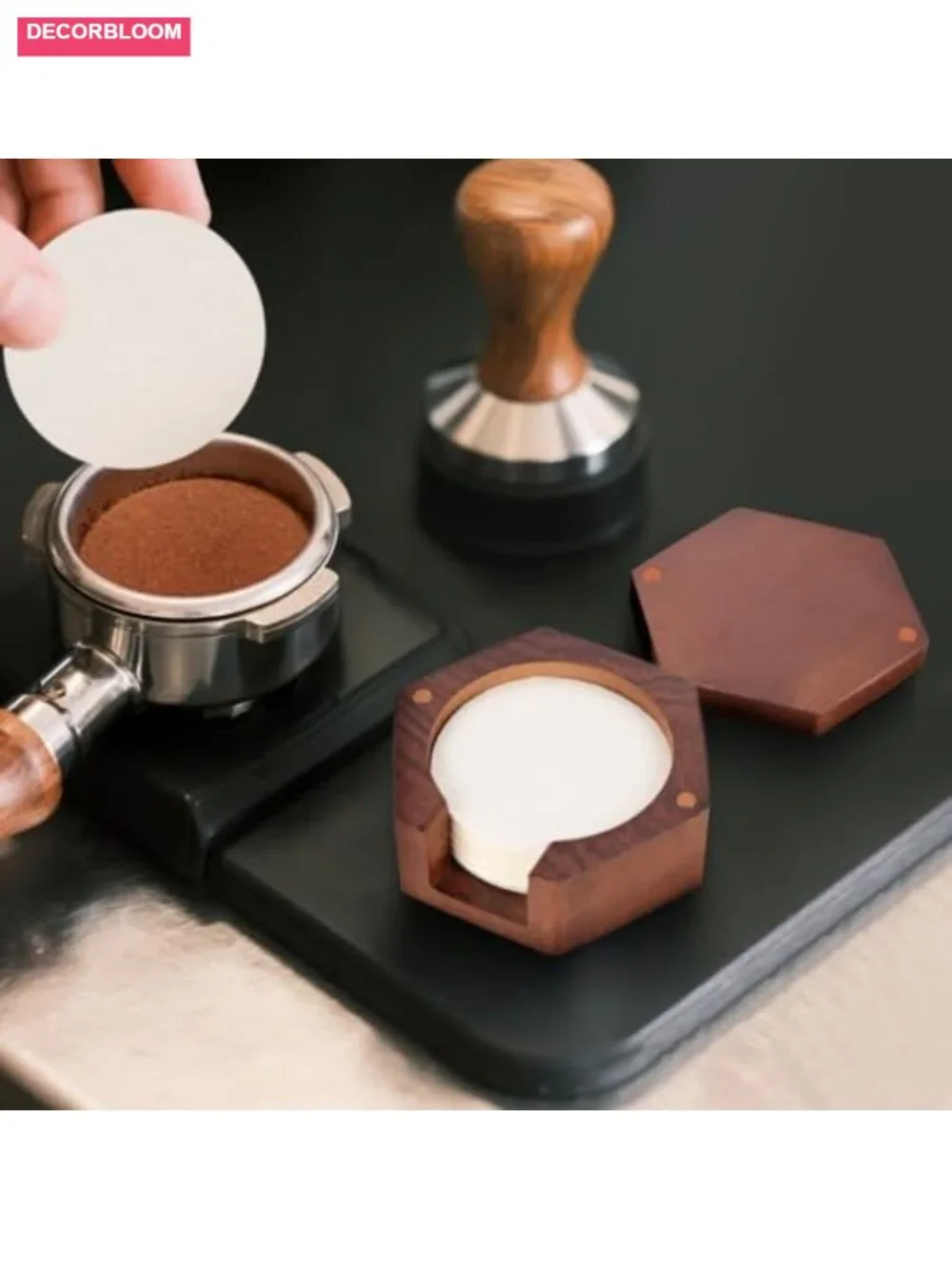 Espresso Coffee Paper Filter Holder - Wooden Storage with Lid - Holds 100